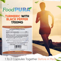 FoodPURA Turmeric with Black Pepper Capsules High Strength 1700mg HACCP Certified, Manufactured in The UK by FoodPURA 1 Pack of 180 Capsules