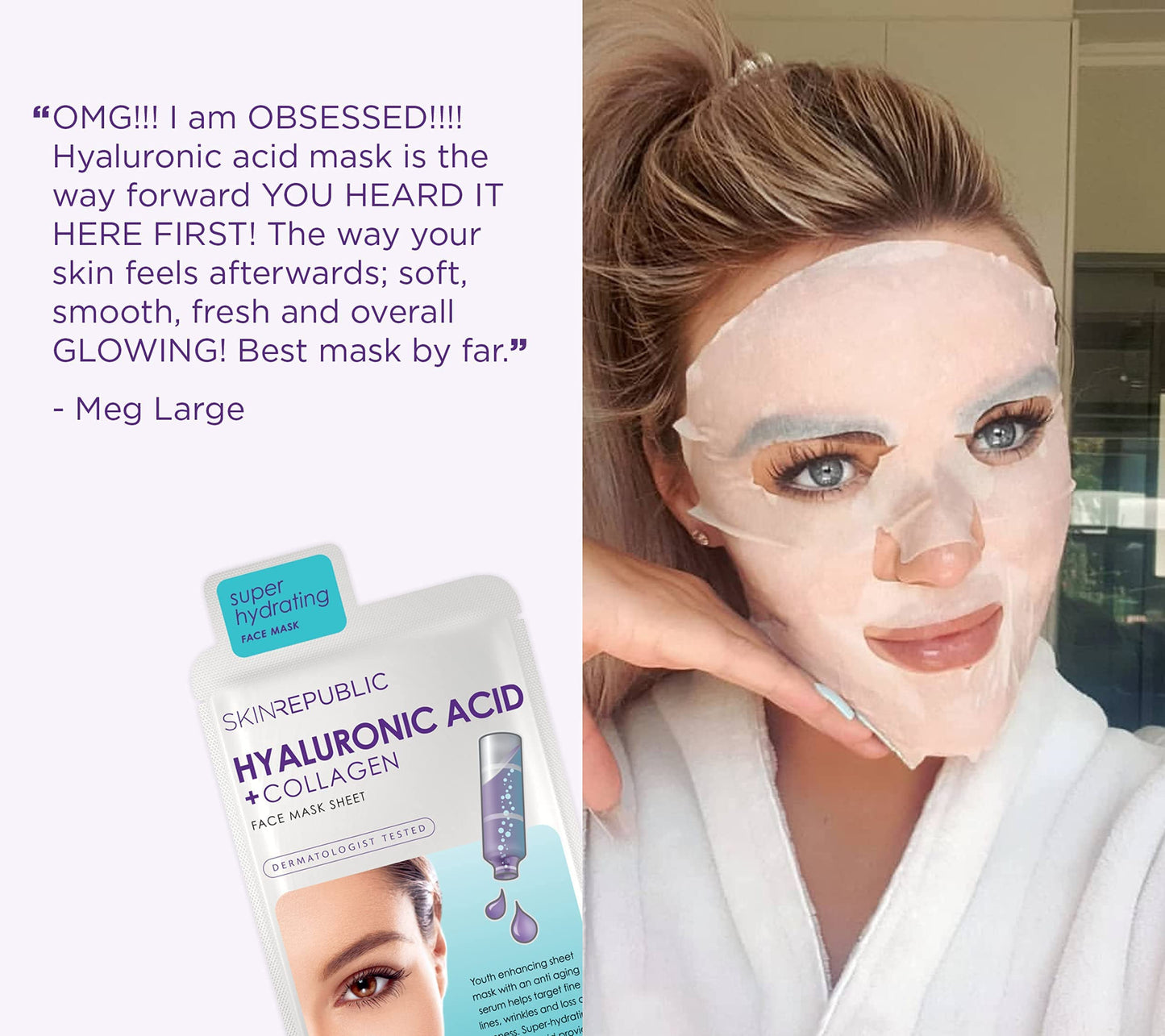 Skin Republic Hyaluronic Acid + Collagen Sheet Mask Clinically Proven to Provide 48-Hours of Long-Lasting Hydration. Made in Korea.