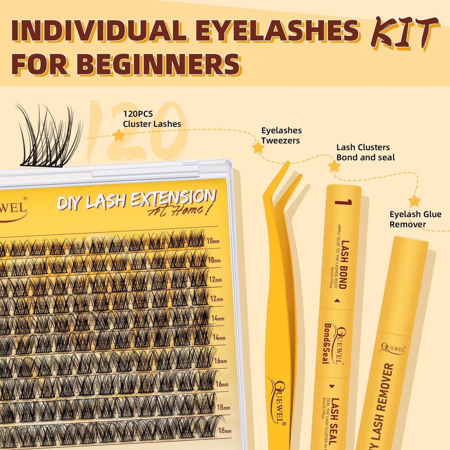 QUEWEL Natural Cluster Lashes Super Thin Band, Cluster Lashes Kit Natural Look, Reusable Eyelash Clusters with Lash Bond and Seal Lash Tweezer and Lashes Glue Remover(NATURAL-JX 02 KIT)