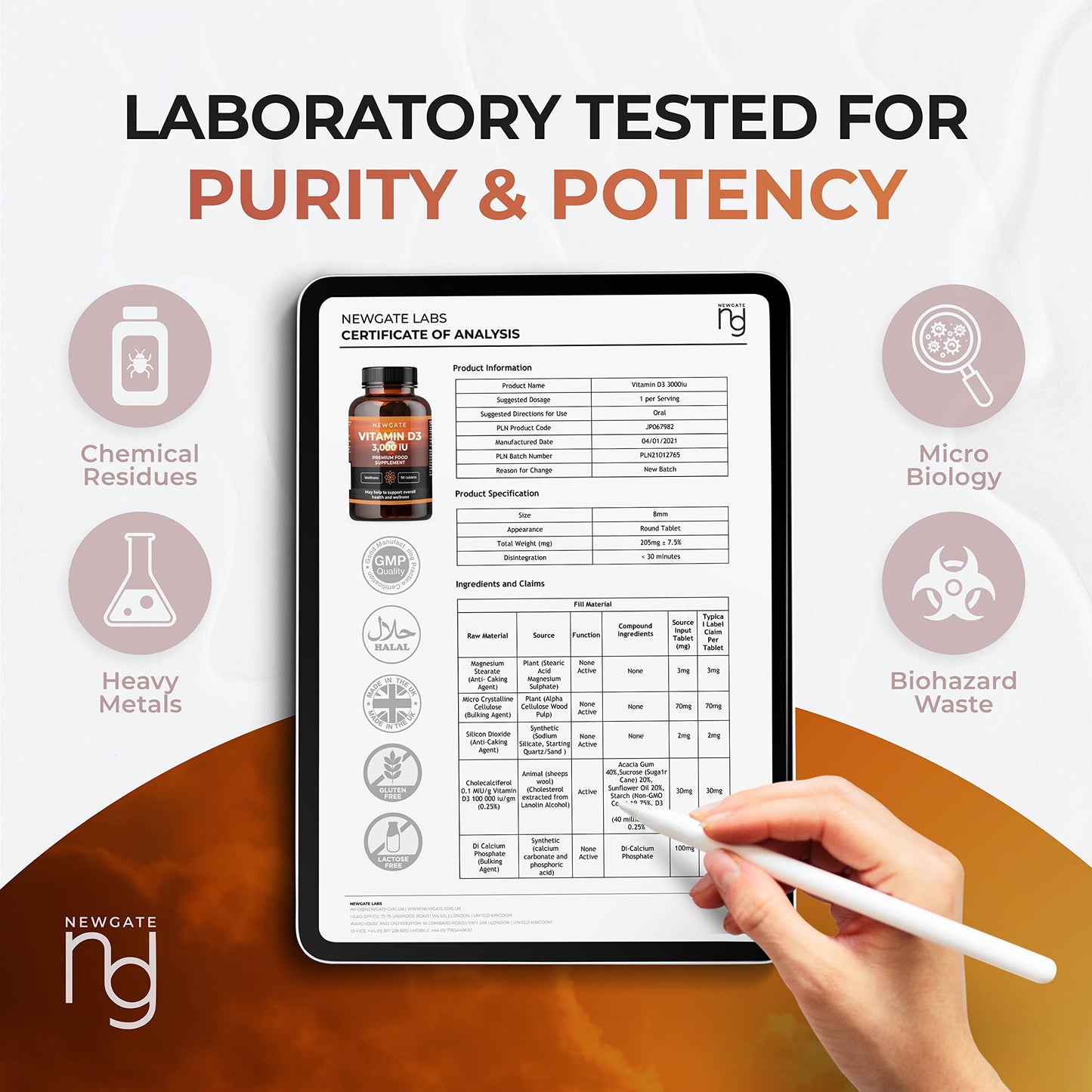 Newgate Labs Vitamin D3 3,000IU 90 High Strength Vegetarian Tablets - Nutritional Supplement - Fight Deficiency - Made in The UK - Halal - GMP Certified