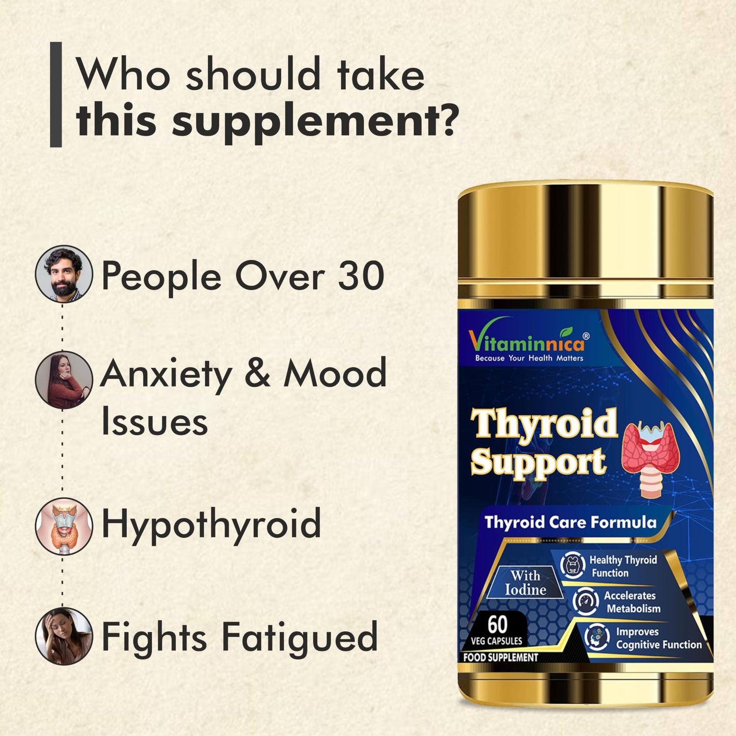 Vitaminnica Because your Health Matters Vitaminnica Thyroid Support - Supplement for Women and Men - Energy & Focus Formula - Vegetarian & Non-GMO - Iodine, Vitamin D3 Complex, Zinc, Selenium, Ashwagandha, Copper- 2 Months Supply