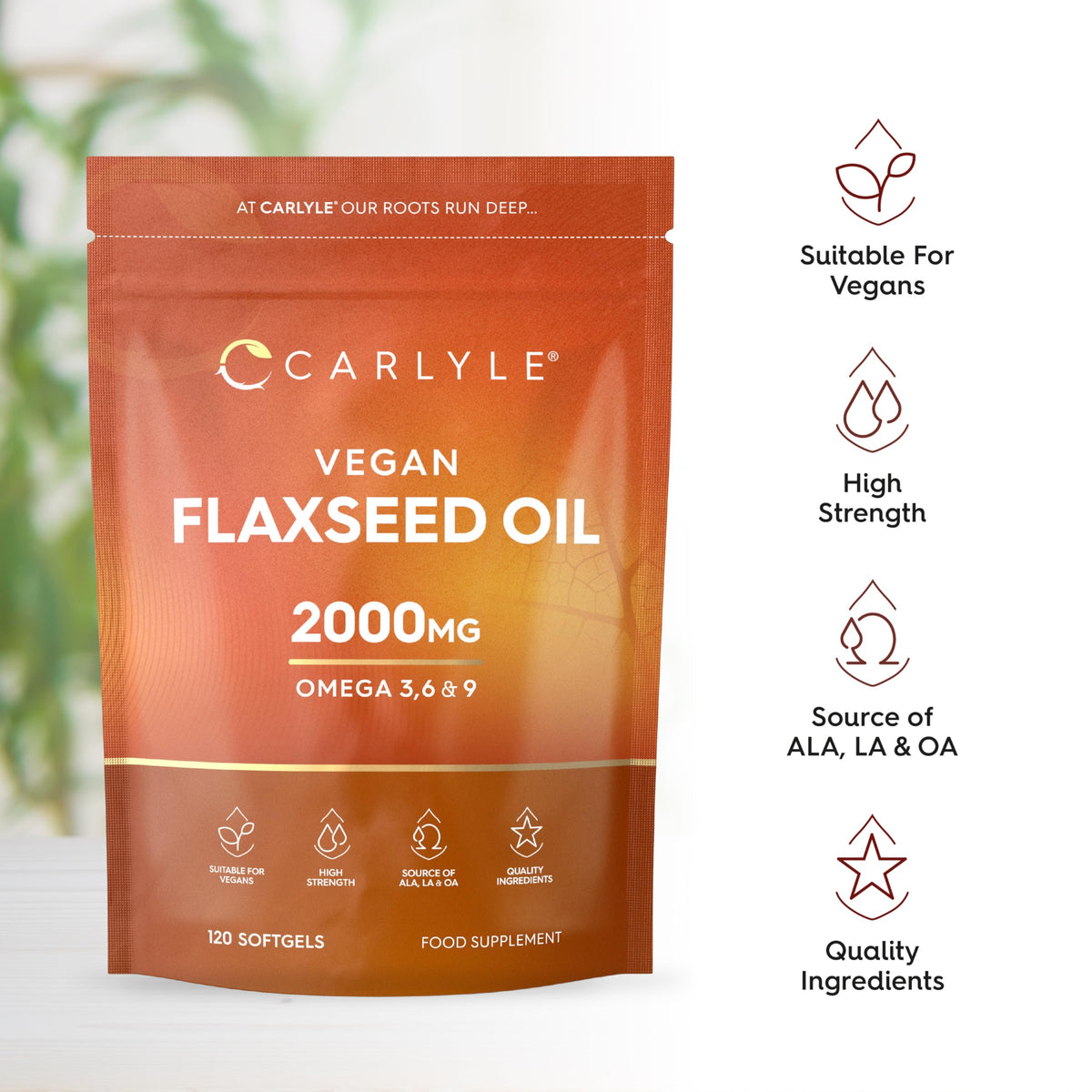Flaxseed Oil Capsules 2000mg | 120 Vegan Softgels | High Strength Supplement with Omega 3 6 & 9 | Cold Pressed | By Carlyle