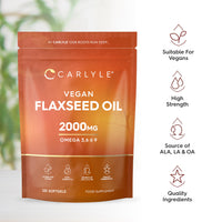 Flaxseed Oil Capsules 2000mg | 120 Vegan Softgels | High Strength Supplement with Omega 3 6 & 9 | Cold Pressed | By Carlyle