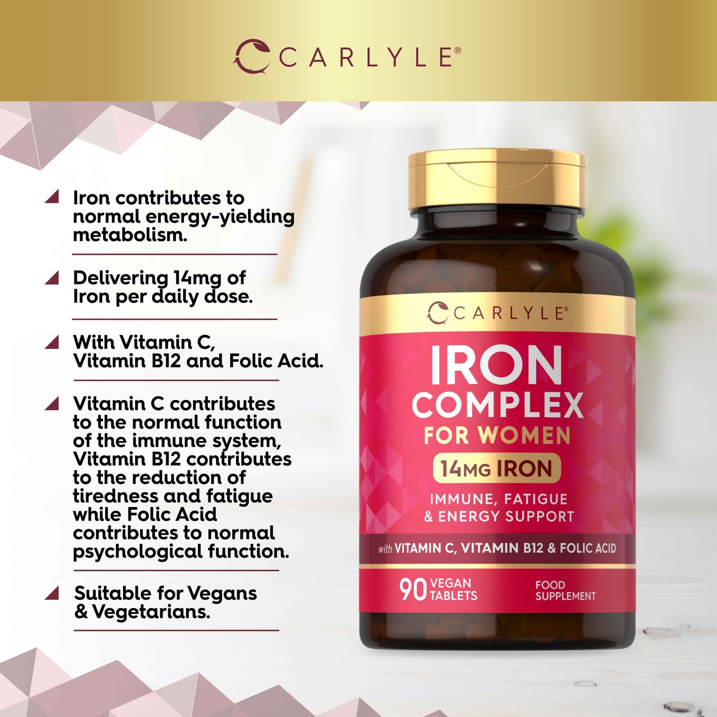 Iron Supplements for Women | with Vitamin B12, Vitamin C and Folic Acid | High Strength 14mg Iron | 90 Vegan Tablets | by Carlyle