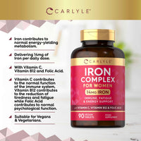 Iron Supplements for Women | with Vitamin B12, Vitamin C and Folic Acid | High Strength 14mg Iron | 90 Vegan Tablets | by Carlyle