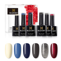 BLUESKY Bluesky Gel Nail Polish Set, AW2020, Lady Snow Autumn and Winter 2020 Collection, 6 x 10 ml Red, Cream, Grey, Blue, Navy, Silver, Glitter (Requires curing under UV/LED Lamp)
