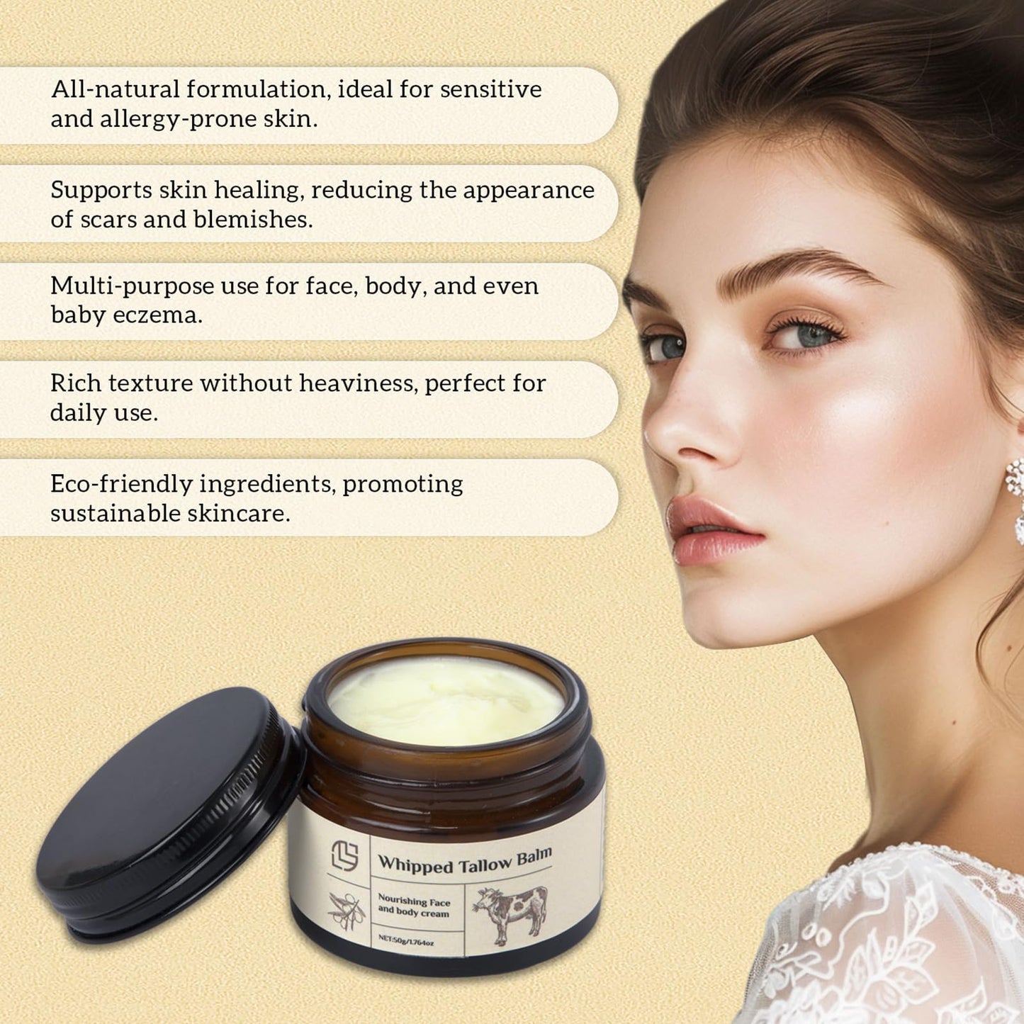 Beef Tallow for Skin | Whipped Tallow Balm | Organic Whipped Tallow with Sodium Hyaluronate & Calendula Extract | Tallow Face Moisturizer | Nourishing Face and Body Cream - Deep Hydration