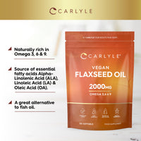 Flaxseed Oil Capsules 2000mg | 120 Vegan Softgels | High Strength Supplement with Omega 3 6 & 9 | Cold Pressed | By Carlyle