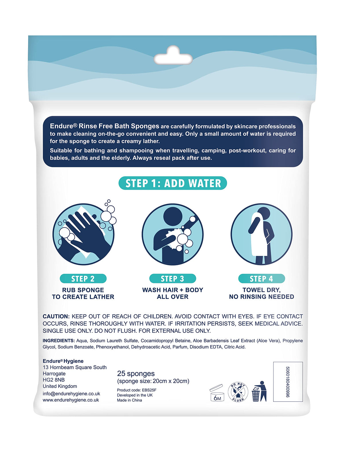 Endure Rinse Free Bath Shower Sponge - Body Wash Wipes for Bathing - Perfect for Camping, Festivals, Gym and Travel - Dry Sponge Wipes with Gentle Cleansing Soap. Just add Water (25 Per Pack).