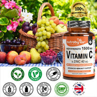 NUTRABYTES Nutrabytes High Strength 1,500mg Vitamin C & 40mg Zinc Supplement, 60 Capsules | Advanced Immune Support with Zinc, Rosehip & Citrus Bioflavonoids | 1 Month | Vegan Capsules | UK Made
