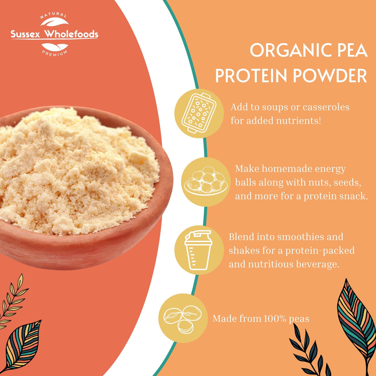 Sussex Wholefoods Organic Pea Protein Powder 500g - Plant-Based, High Protein & Ideal for Shakes & Baking