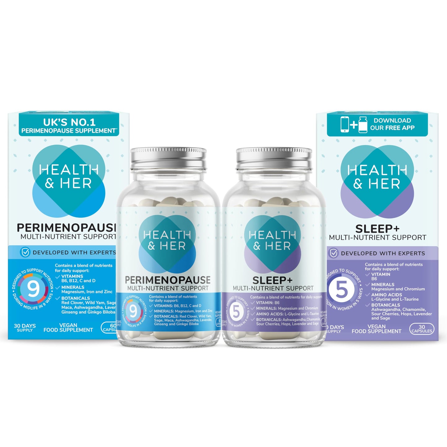 Health and Her Health & Her Perimenopause Supplements for Women - Day & Night Bundle - Wellbeing for The Early Stage of Menopause - 1 Month Supply Vegan & Gluten Free