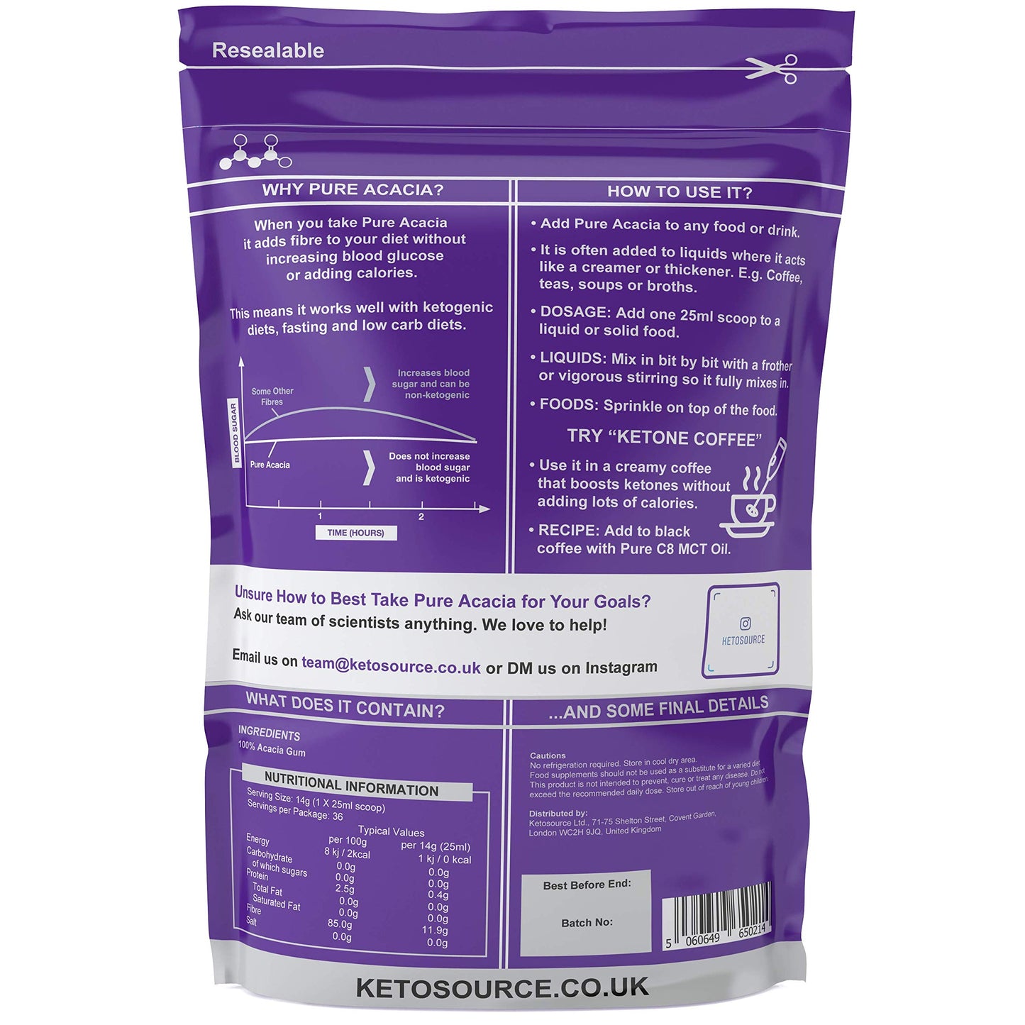 Ketosource® Pure Acacia Fibre | 0g Carbs | Zero Calories | Supports Fasting & Ketogenic Diet | Prebioitic Soluble Fibre Supplement | 500g Pouch