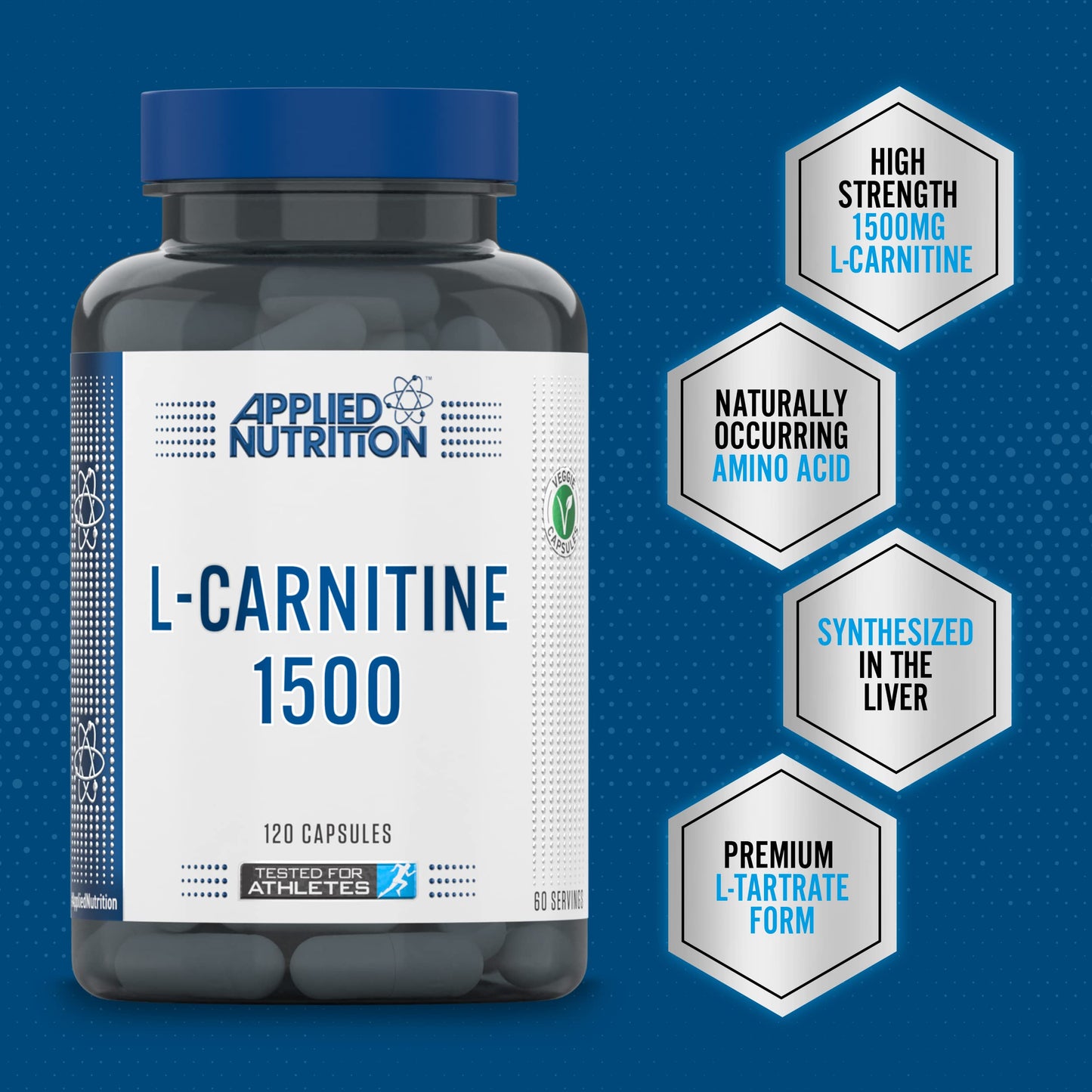 Applied Nutrition L-Carnitine 1500mg - Carnitine Supplement Premium L-Tartrate Form, High Strength, Energy Boost & Weight Management (120 Capsules - 60 Servings)