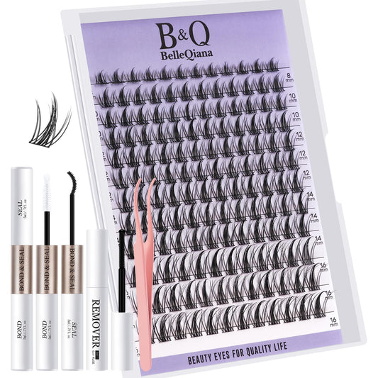 BelleQiana B&Q EcoWisp Cluster Lashes Kit with Bond and Seal Lash Glue, Lash Remover & Tweezers – 144 Individual Eyelashes, 8-16mm Mixed Length, Natural Look DIY Eyelash Kit for Home Use(EcoWisp Kit 05）