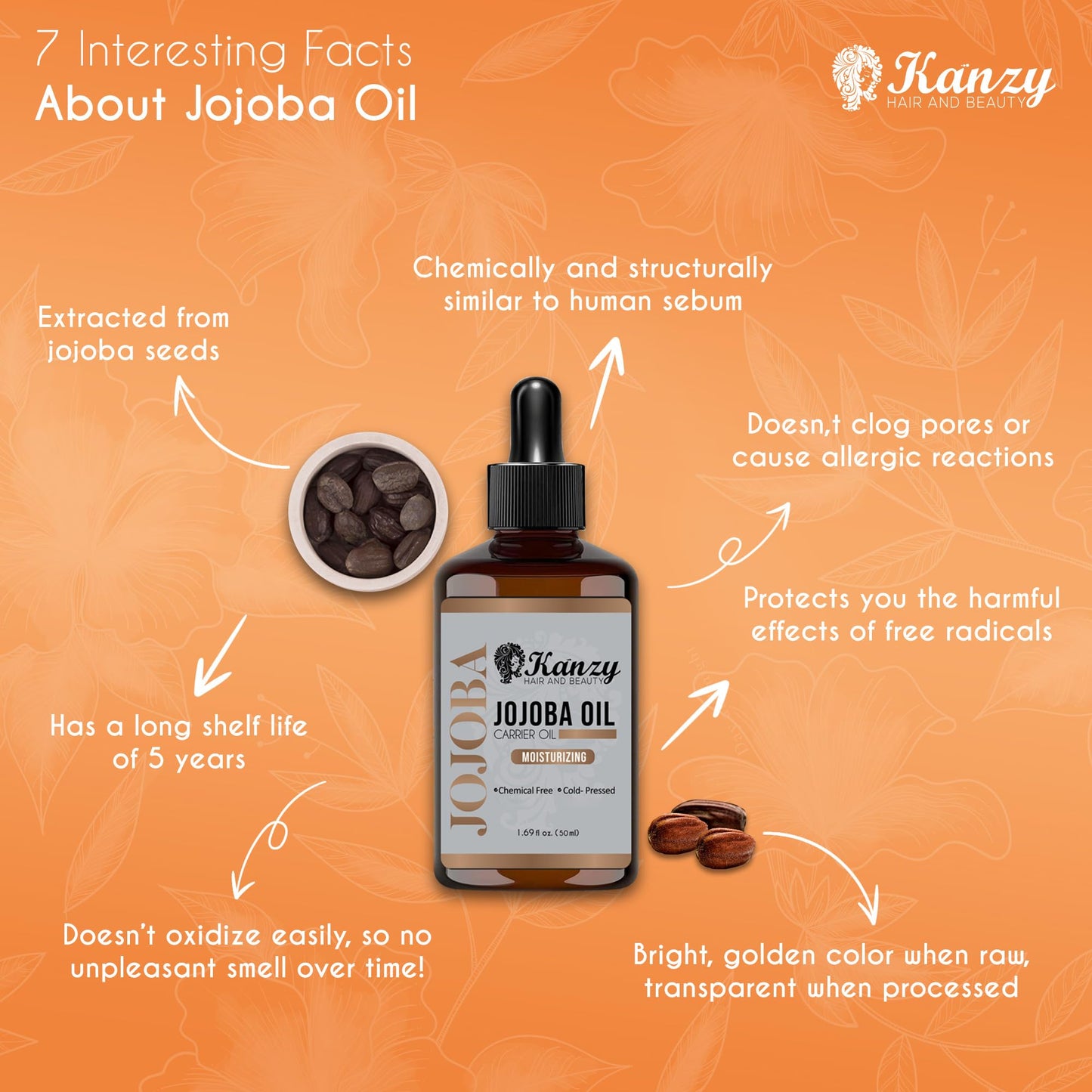 KANZY HAIR AND BEAUTY Kanzy Jojoba Oil Cold Pressed 50ml - 100% Pure Jojoba Oil for Hair, Nails, Eyelash & Eyebrow Growth - Vegan & Cruelty-Free for Skin, Face & Body as Carrier, Massage Oil