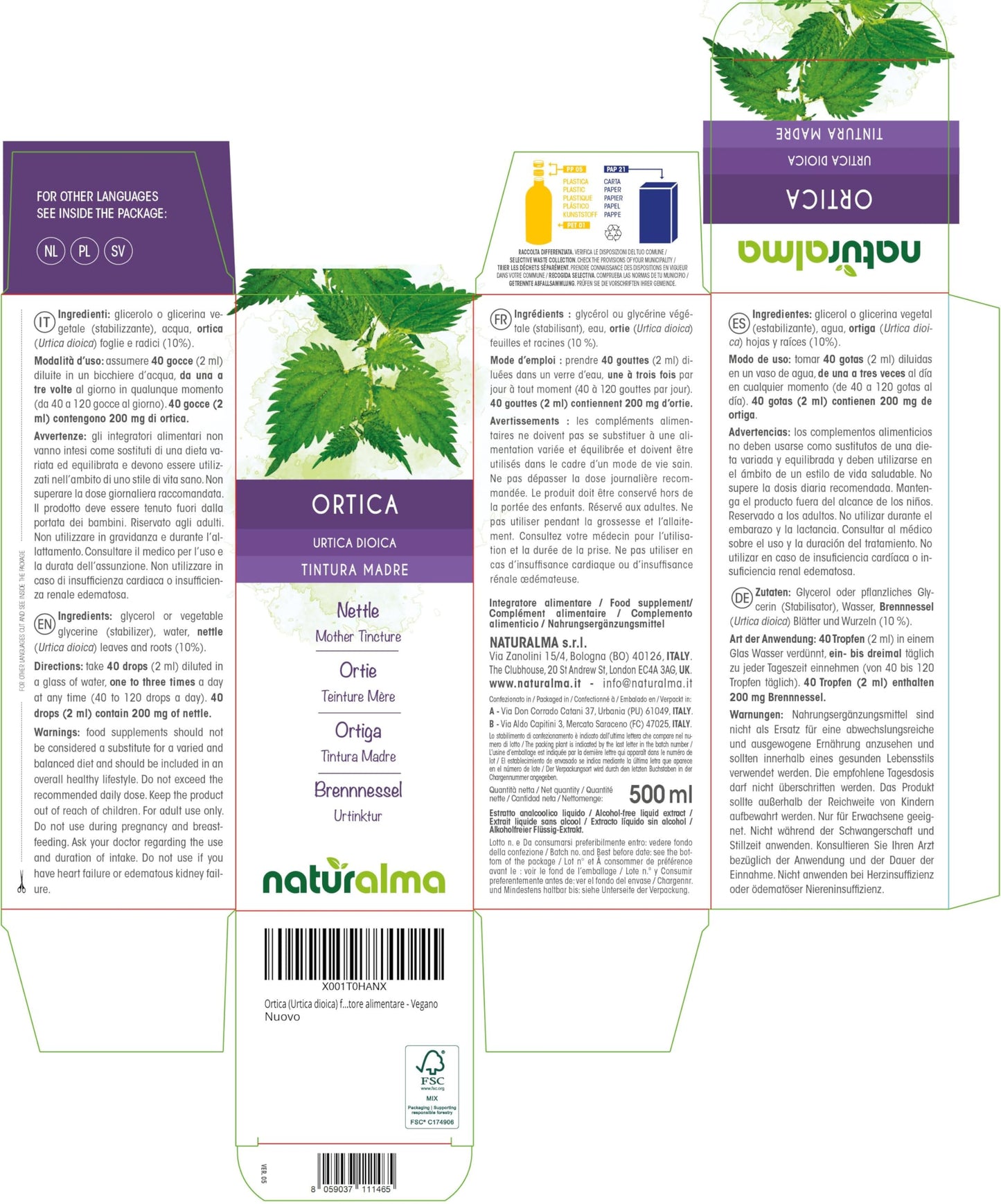 Nettle (Urtica dioica) Leaves and Roots Alcohol-Free Mother Tincture Naturalma - Liquid Extract Drops 500 ml - Food Supplement - Vegan