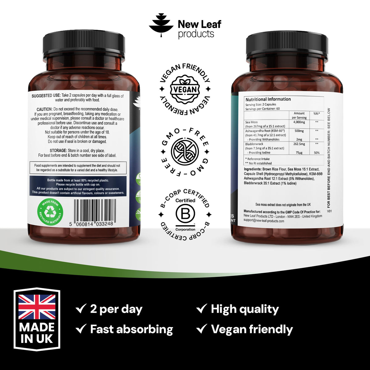 NEW LEAF PRODUCTS Sea Moss Complex - Pure Irish Sea Moss Capsules with Bladderwrack & KSM Ashwagandha - High Strength Seamoss Capsule - 120 Fill Vegan Irish Seamoss Capsules Made in The UK By New Leaf
