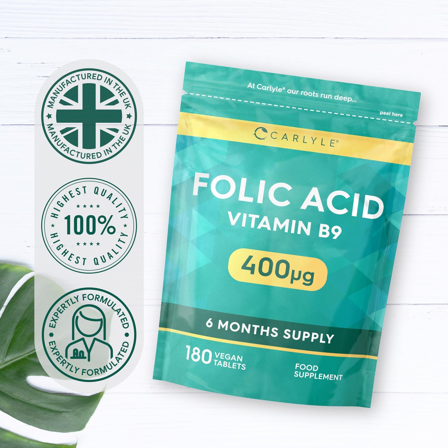 Folic Acid Tablets 400ug | 180 Count (6 Months Supply) | High Strength Vitamin B9 Supplement | Suitable for Vegetarians and Vegans | No Artificial Preservatives | by Carlyle