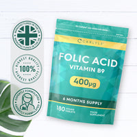 Folic Acid Tablets 400ug | 180 Count (6 Months Supply) | High Strength Vitamin B9 Supplement | Suitable for Vegetarians and Vegans | No Artificial Preservatives | by Carlyle