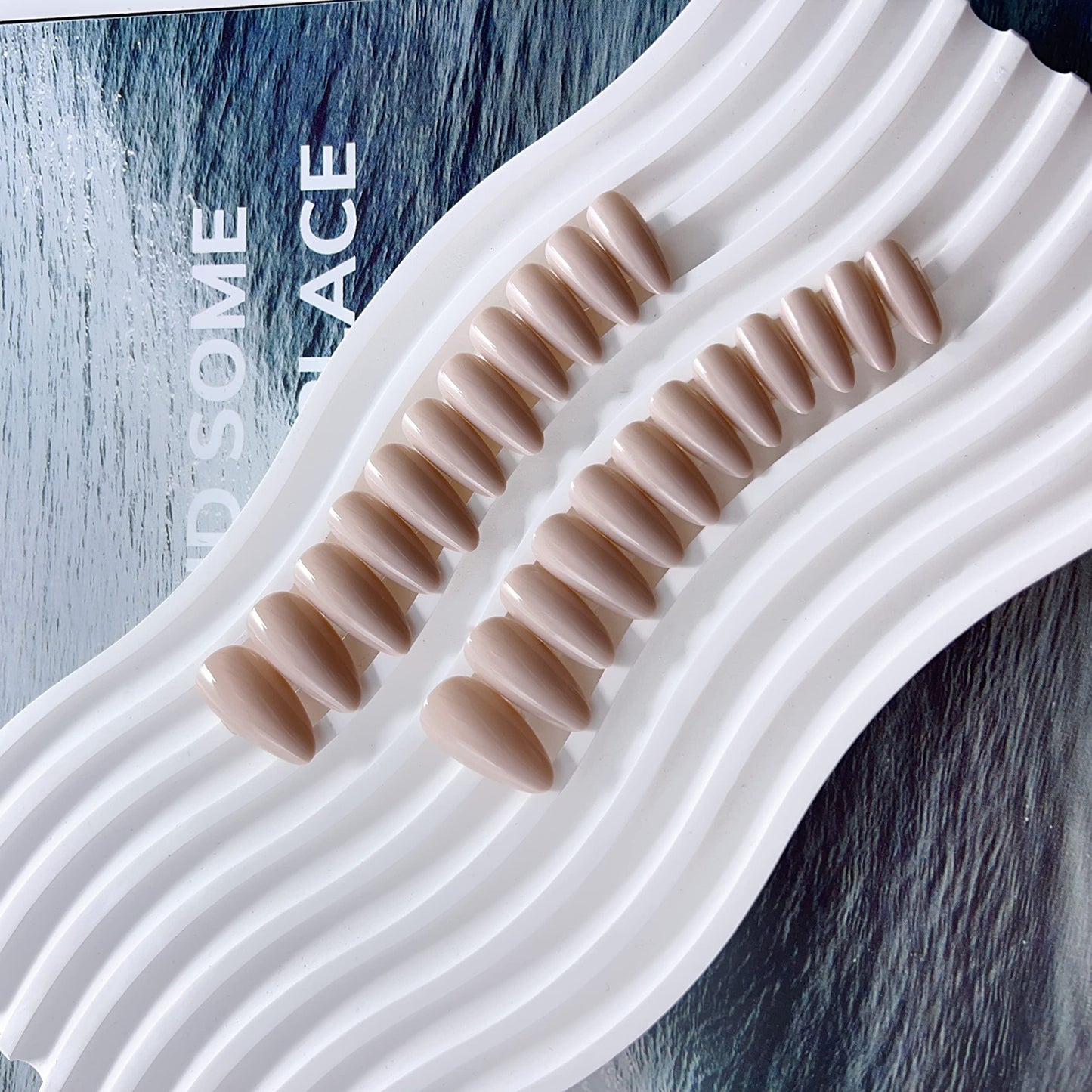 SXVME Khaki Grey Press on Nails Medium Stiletto Almond, Pure Nude False Nails Set Reusable Fake Nails with Feature Protective UV Coating for Women Nail Art Manicure in 24PCS