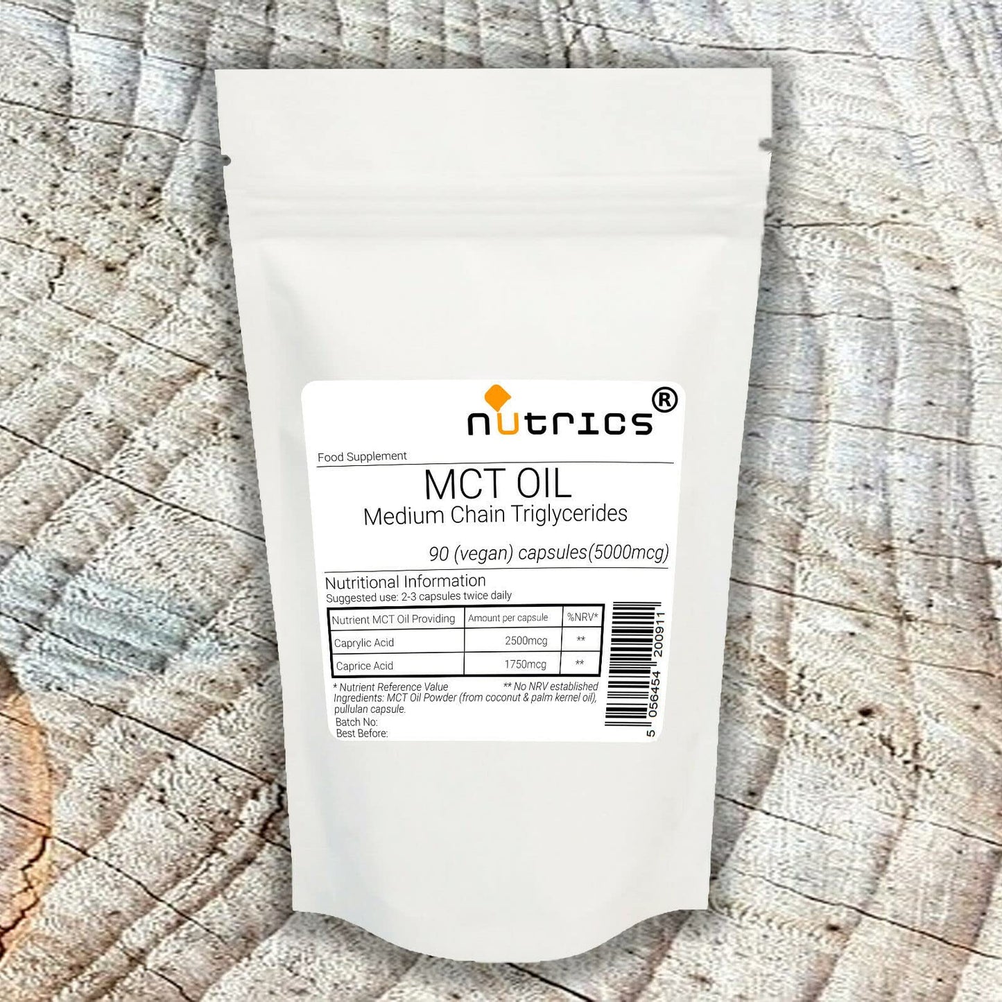 Nutrics® MCT Oil 5000mcg 90 V Capsules (1 Month Supply) Medium-Chain Triglycerides (MCTs) - Boosts Ketones - Suitable for Vegan Vegetarian Halal Kosher