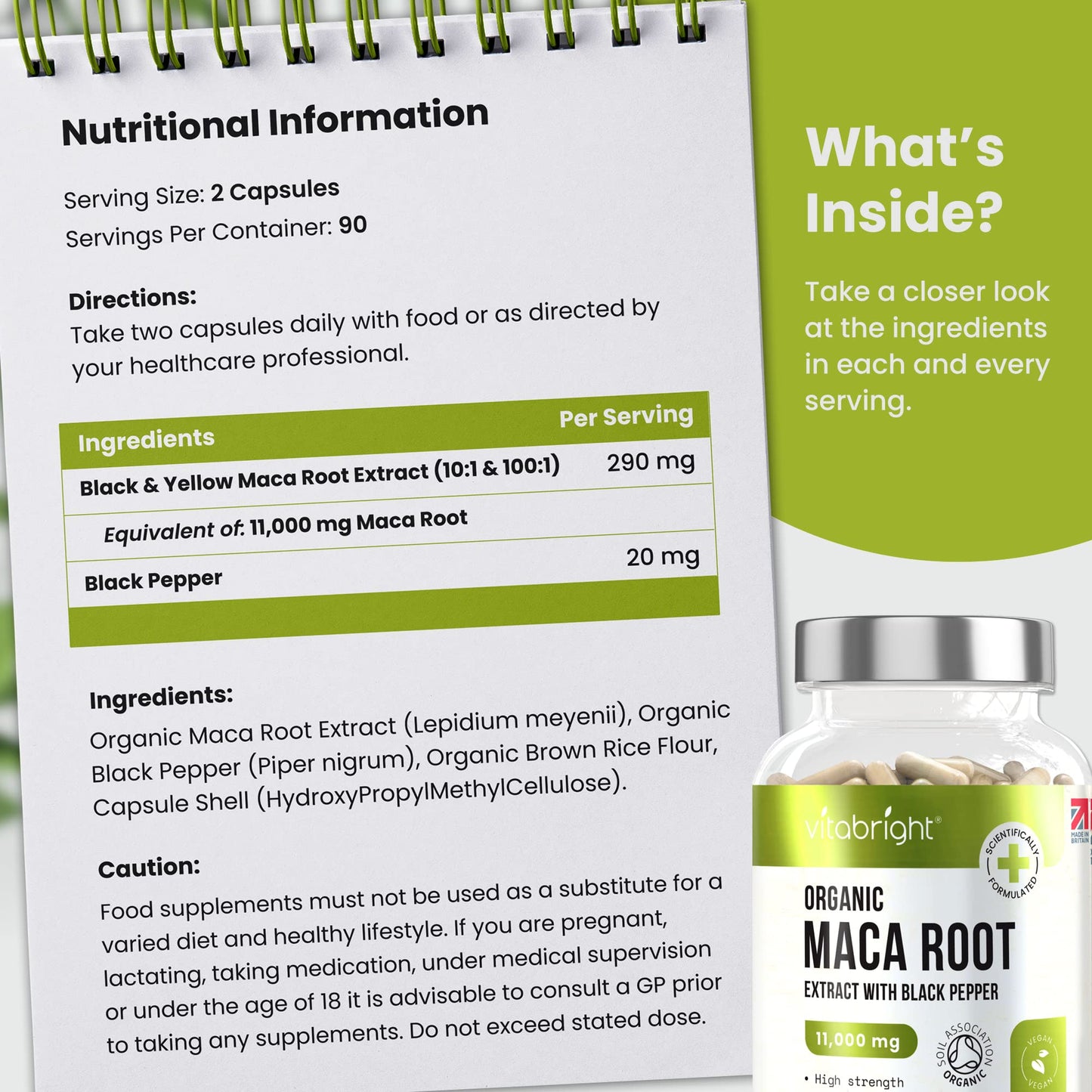 Organic Maca Root Capsules - 11000mg High Strength - 180 Capsules (3 Month Supply) - Premium Quality Black and Yellow Maca Extract - Black Pepper to Boost Absorption - Made in UK by VitaBright