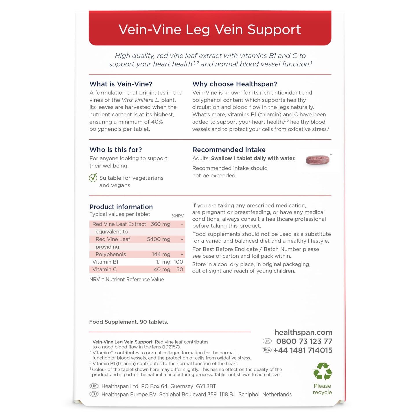 Healthspan Vein Vine Leg Vein Support 360mg (180 Tablets) | for Tired & Heavy Legs | Maintains Healthy Leg-Vein Functions | Red Vine Leaf Extract | Added Vitamins B1 & C | Vegan