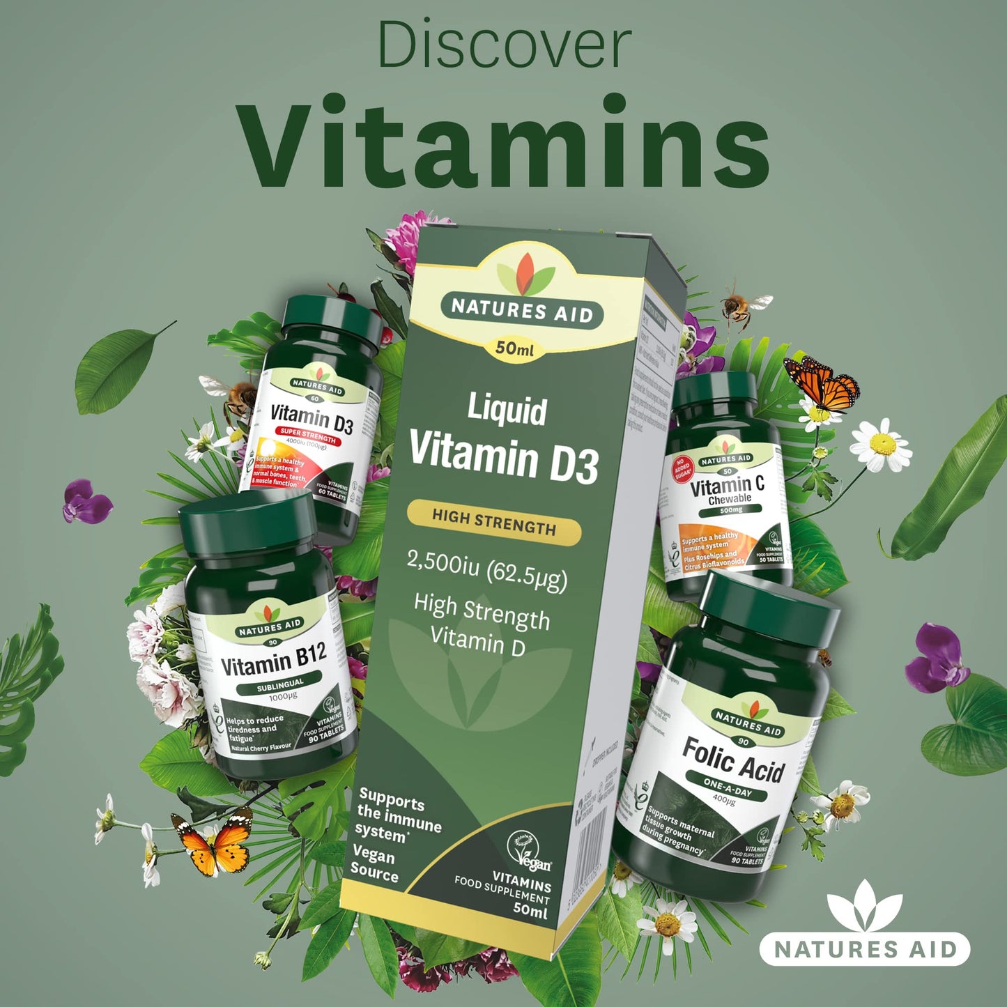 natures aid Natures Aid Vegan Vitamin D3/Cholecalciferol Liquid, 2500iu, Dropper Included, 50 ml (Pack of 1)