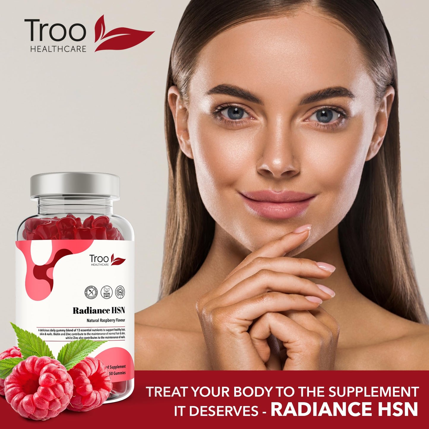 Troo Health Care Radiance HSN 150 Raspberry Flavour Gummies - Advanced Hair Skin & Nails Supplement for Men & Women - 13 Essential Nutrients Inlcuding Biotin