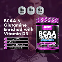 NXT Nutrition BCAA, Glutamine & Vitamin D | BCAAs Amino Acids with Vitamin D3 and L-Glutamine - for Recovery, Gut Health and Muscle Protein Synthesis | 360g - 30 Servings (Apple & Blackcurrant)
