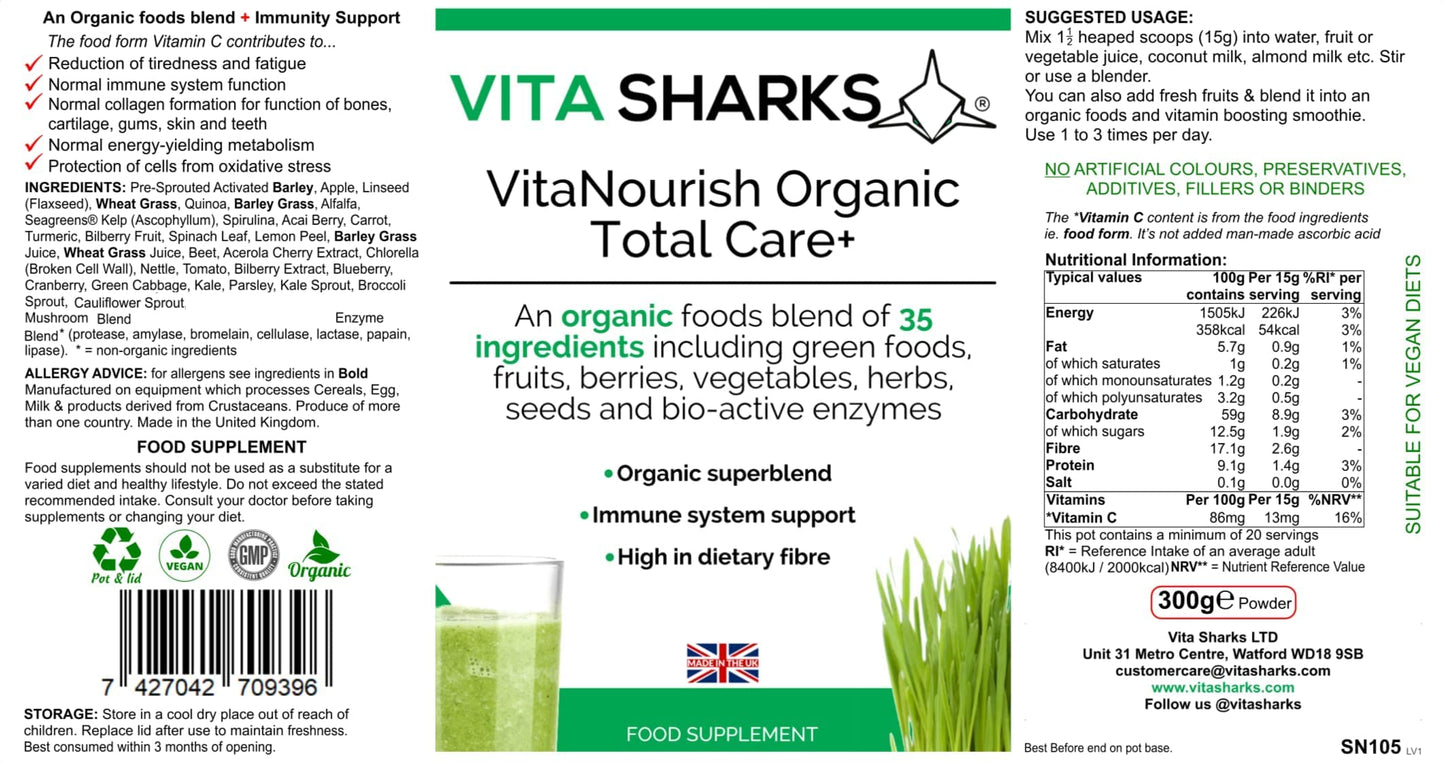 Vita Sharks VitaNourish Organic Total Care+ Vitamin C. 300g Complete Vegan Immune Boosting, Alkalising Nourishment Complex. Bio Active Enzymes for Absolute Detoxification & Digestion Support.
