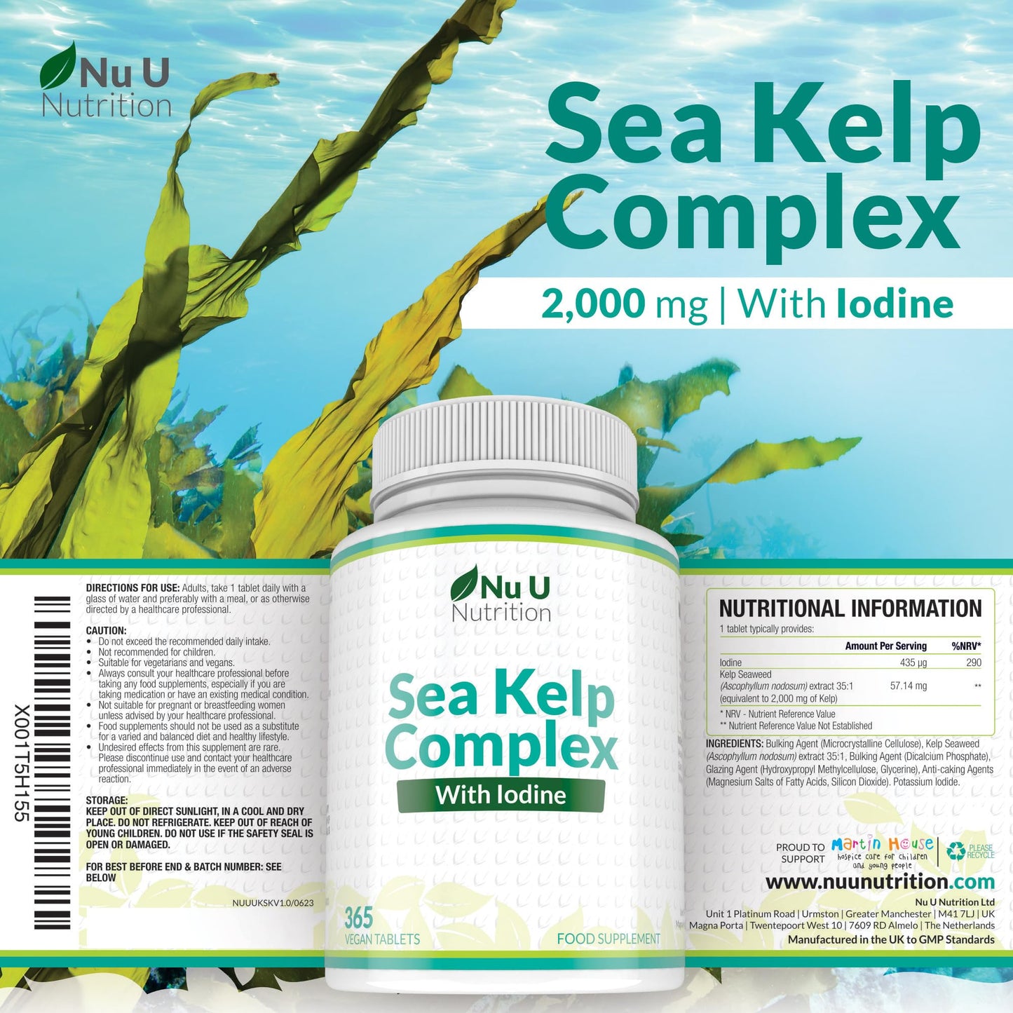 Sea Kelp Iodine Supplement Complex - 365 Vegan Tablets - 435mcg of Iodine per Tablet - 1 Year Supply - Wild Harvested Seaweed - GMO Free - Made in The UK - Nu U Nutrition