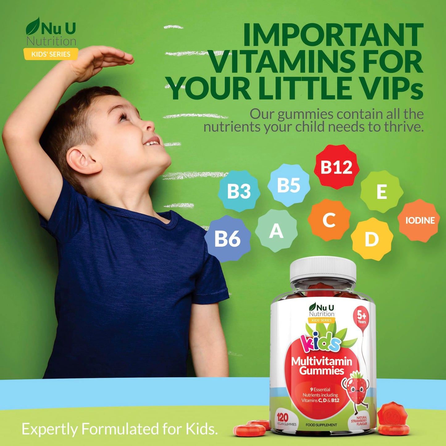 Multivitamin for Kids (5+) - 120 Vegan Gummies - 4 Month Supply - Tasty Strawberry Flavour - Kids Vitamins Including C, D & B12 - Made in The UK by Nu U Nutrition