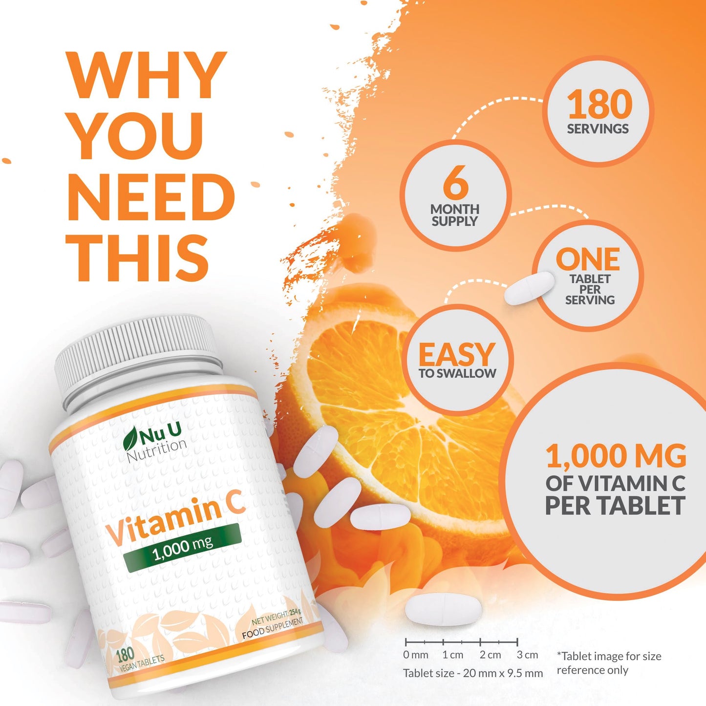 Vitamin C 1000mg - 180 Vegan Tablets - 6 Month Supply - High Strength Ascorbic Acid - Supports Immune System, Energy & Collagen Formation - Nu U Nutrition