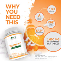 Vitamin C 1000mg - 180 Vegan Tablets - 6 Month Supply - High Strength Ascorbic Acid - Supports Immune System, Energy & Collagen Formation - Nu U Nutrition