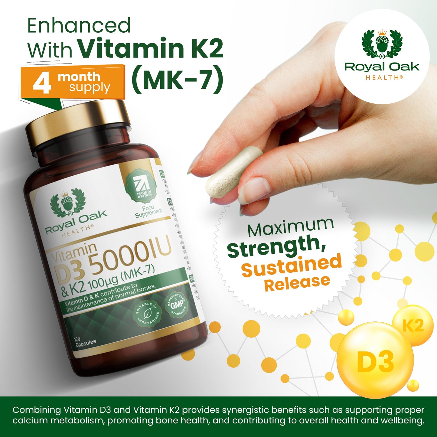 Vitamin D3 5000 IU & Vitamin K2 100mcg (MK-7) x120 Capsules, 4 Month Supply - High Strength Vitamin D & K2 Supplement for Men & Women, Made in The UK by Royal Oak Health