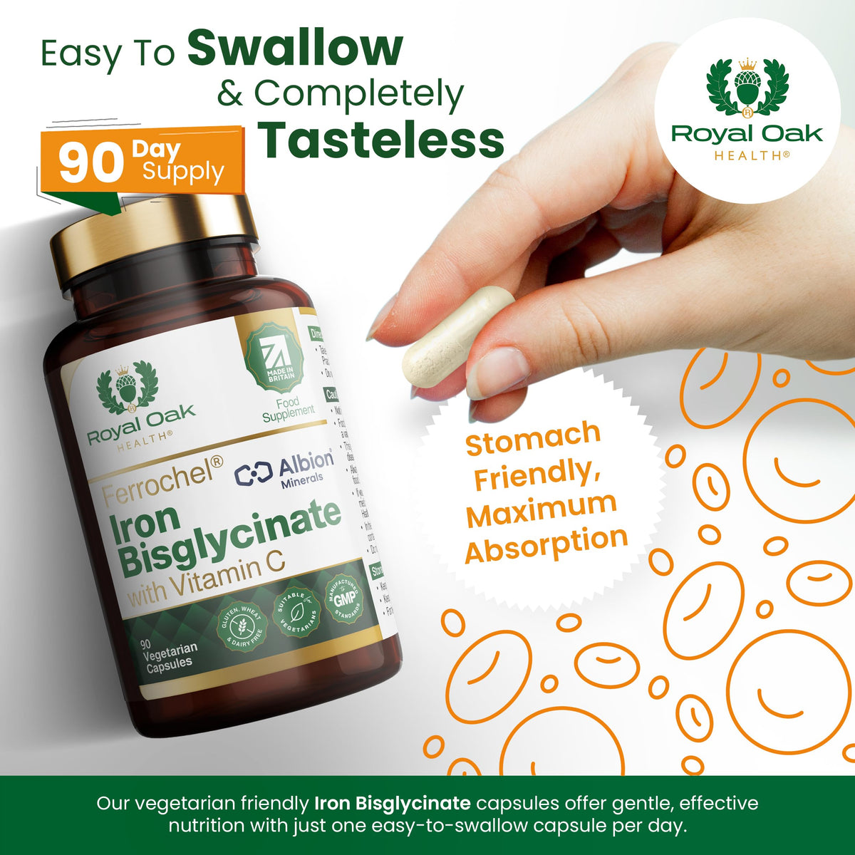 Royal Oak Health Ferrochel® Chelated Iron Bisglycinate with Vitamin C | 90 Capsules | 3 Month Supply | High Absorption, Enhanced Bioavailability Gentle on Stomach Iron | Made in Britain