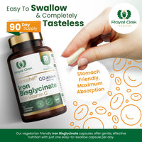 Royal Oak Health Ferrochel® Chelated Iron Bisglycinate with Vitamin C | 90 Capsules | 3 Month Supply | High Absorption, Enhanced Bioavailability Gentle on Stomach Iron | Made in Britain