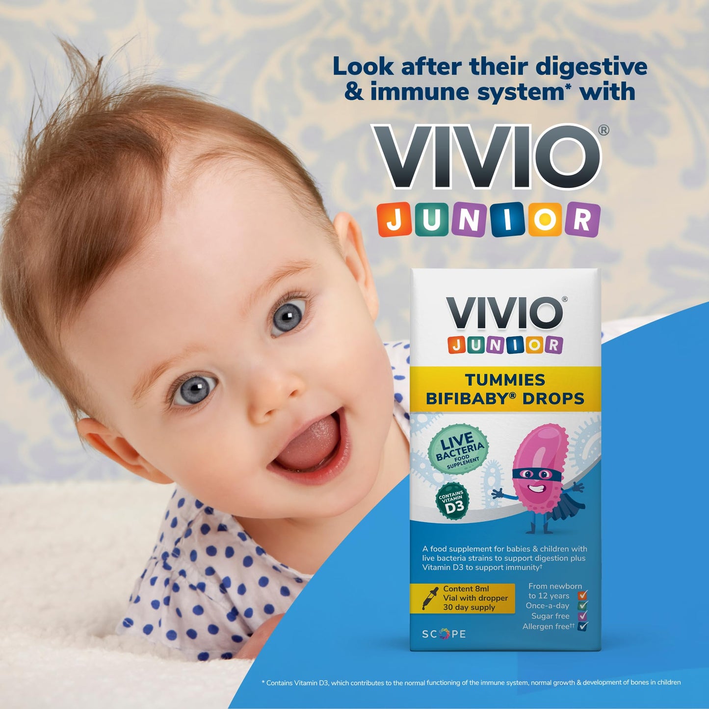 VIVIO JUNIOR Vivio Junior Tummies Bifibaby Drops - A Probiotic & Vitamin D3 Supplement for Babies & Children with Live Bacteria Strains to Support Gut Health and Immunity - 30 Day Supply
