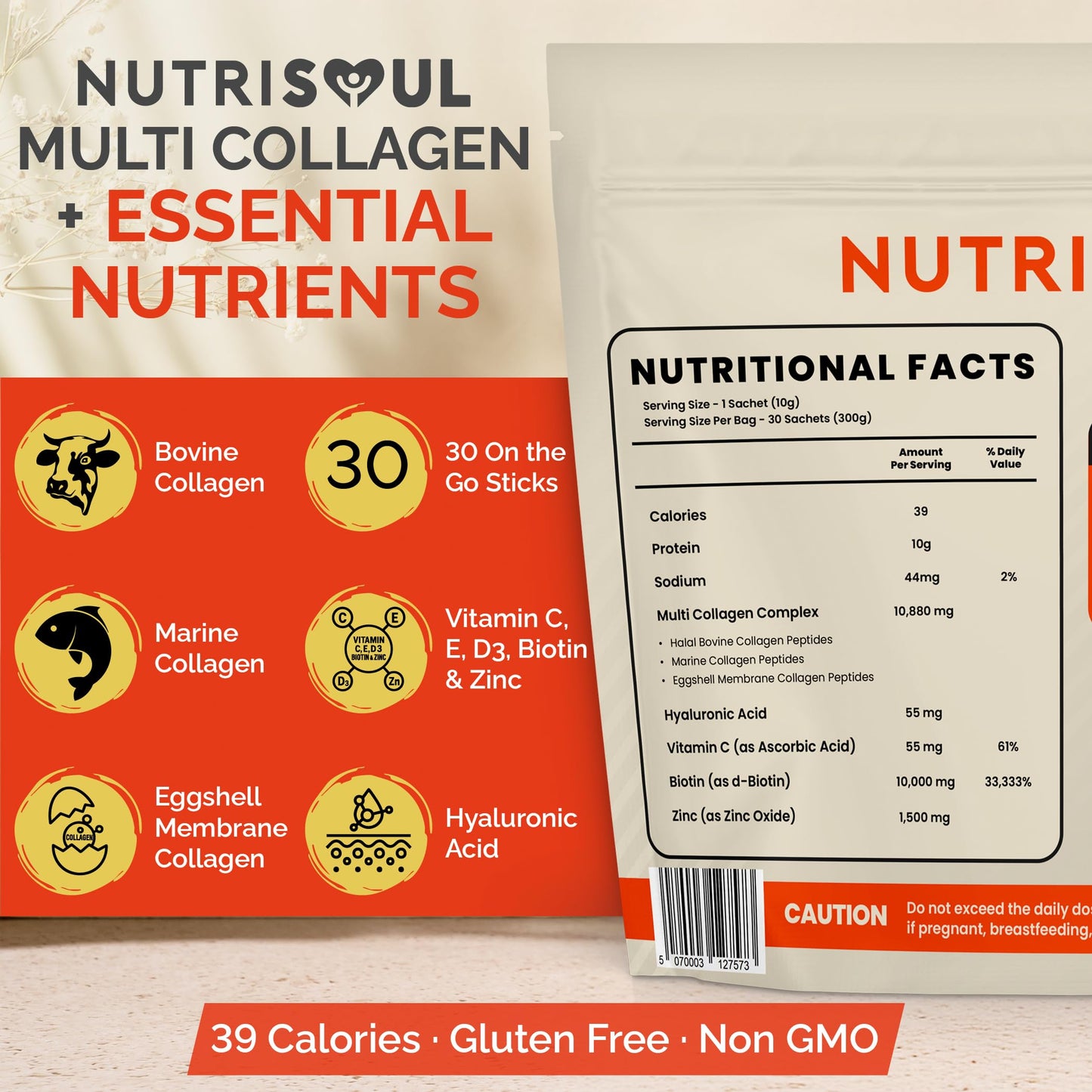 NUTRISOUL Multi Collagen Powder | 30 Pack | 100% Natural, Hydrolysed Bovine & Marine Collagen Peptides Types I, II, III, V & X | 8 Essential Amino Acids | Halal, Kosher & Gluten Free