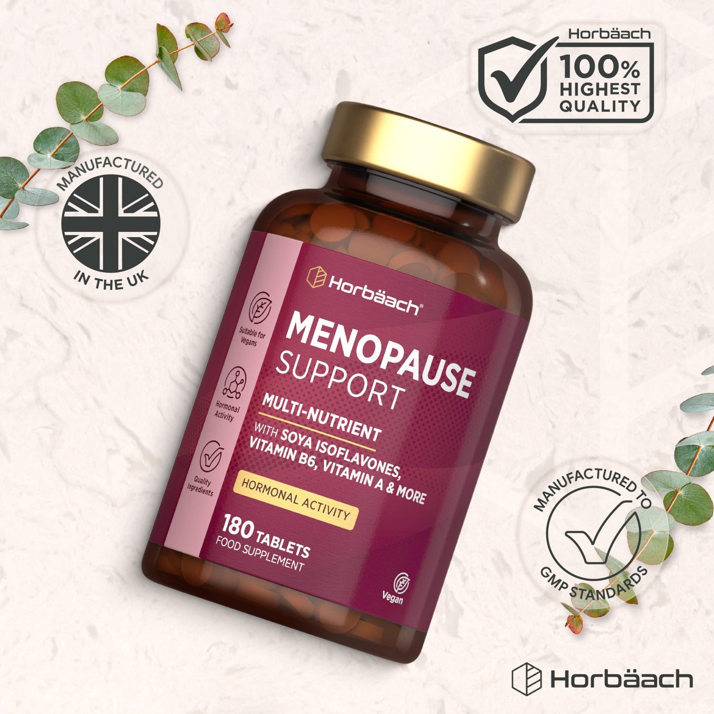 Horbäach Menopause Supplements for Women | Perimenopause & Menopause Support Complex | 180 Vegan Tablets - 6 Month Supply | with SOYA Isoflavones & Vitamin B6 | by Horbaach