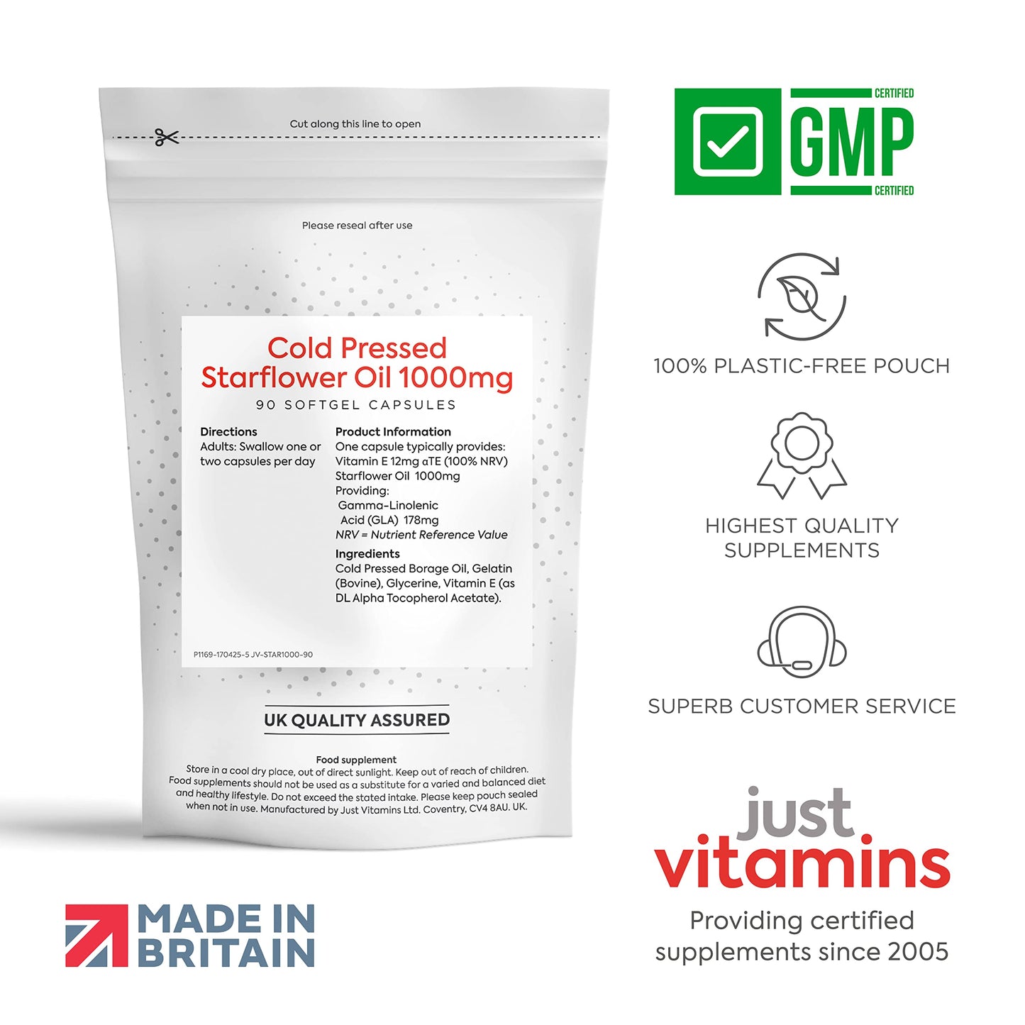 Just Vitamins Starflower Oil Capsules 1000mg/Borage Oil x90 Soft Gels, Cold Pressed High Strength GLA with Vitamin E - 3 Month Supply - x2 The GLA Level of Evening Primrose Oil Capsules - UK Made Supplements