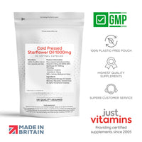 Just Vitamins Starflower Oil Capsules 1000mg/Borage Oil x90 Soft Gels, Cold Pressed High Strength GLA with Vitamin E - 3 Month Supply - x2 The GLA Level of Evening Primrose Oil Capsules - UK Made Supplements