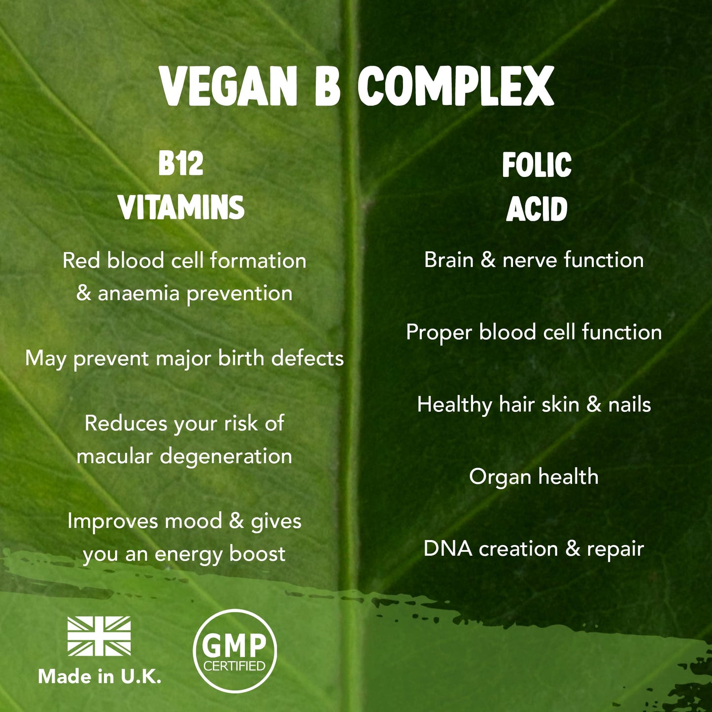 Vitamin B Complex Vegan High Strength Plant Based 60 Capsules Vitamin B12 Supplement B12 2000μg B9 Folate 400μg B7 Biotin 250μg B6 10mg B5 25mg B3 20mg B2 7.5mg B1 12.5mg with Choline Bitartrate