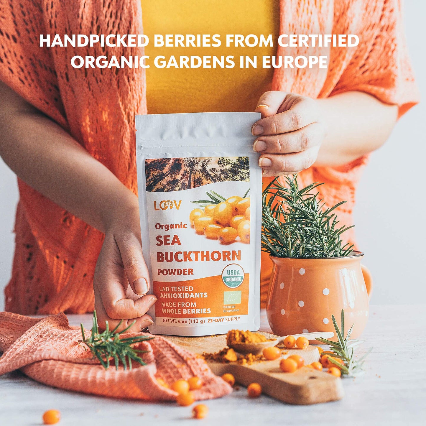 LOOV Organic Sea Buckthorn Powder, High in Fibre, Made from 100% Whole Berries, 113 g, Grown in Nordic Climate, Rich in Omega Blend, Vitamin C, Vitamin E, 23-Day Supply, No Added Sugar, Non-GMO