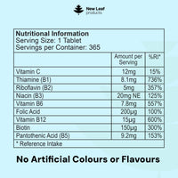 NEW LEAF PRODUCTS Vitamin B Complex - 365 Small Tablets - All 8 B Vitamins B1-B2-B3-B5-B6-B12, (1 Year Supply) High Strength Biotin, Folic Acid and Vitamin C - Reduction of Tiredness, Energy & Immune Support - UK Made