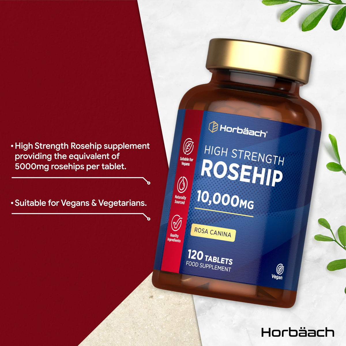 Horbäach Rosehip Tablets 10,000mg | 120 Count | High Strength 20:1 Naturally Sourced Rosa Canina Extract | Suitable for Vegans | By Horbaach