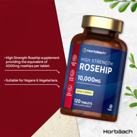 Horbäach Rosehip Tablets 10,000mg | 120 Count | High Strength 20:1 Naturally Sourced Rosa Canina Extract | Suitable for Vegans | By Horbaach