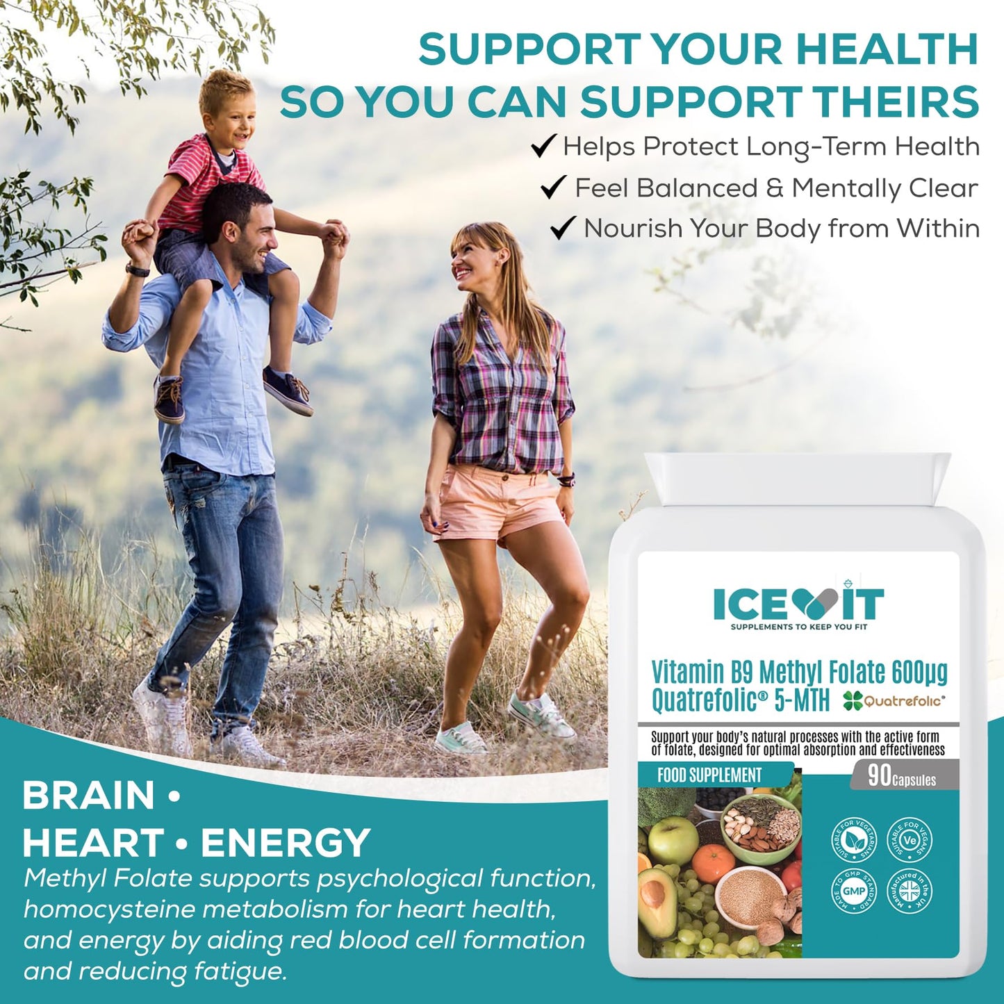 ICEVIT Methyl Folate 600µg – Quatrefolic® 5-MTHF | Active Vitamin B9 Supplement | Bioavailable Folate | 90 Vegan Capsules | Methylated Folic Acid Alternative | Non-GMO | Made in UK